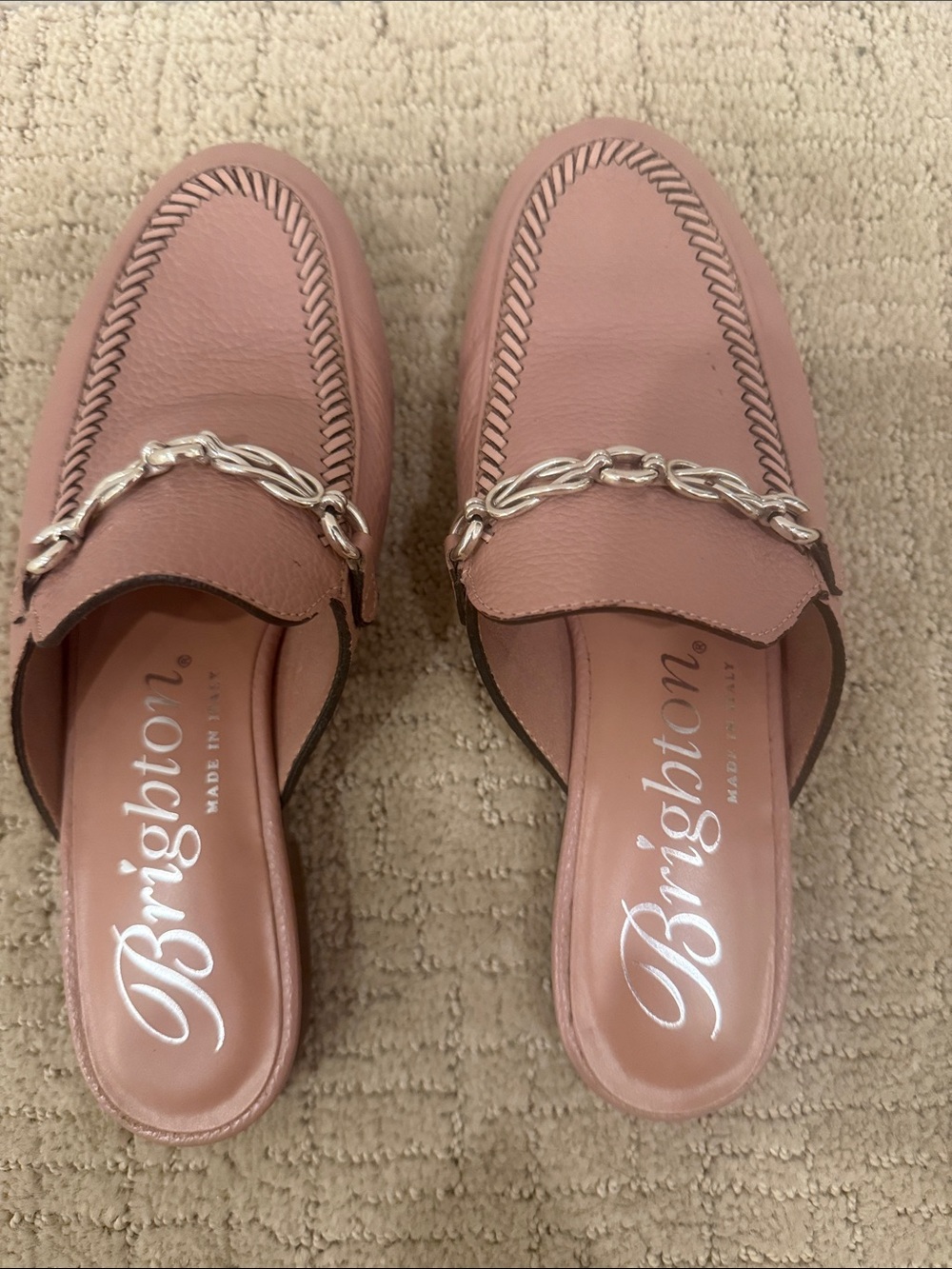 Brighton Pink Leather Chain-Trim Slip-On Mules